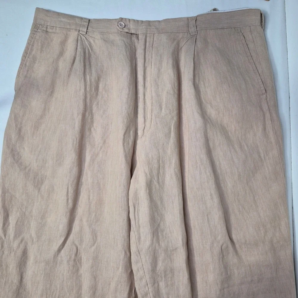 Inserch Linen Pants Mens 44 Relaxed Pleated Tan 100% Linen Cuffed Summer Beach